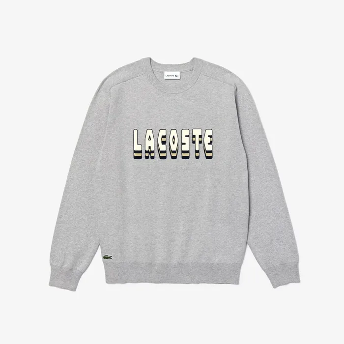 3DLettering Crewneck Cotton Blend Sweater Grey Chine Mens Lacoste Sweaters Online Outlet Store