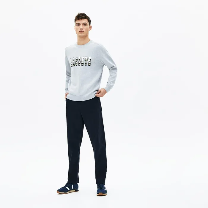 3DLettering Crewneck Cotton Blend Sweater Grey Chine Mens Lacoste Sweaters Online Outlet Store