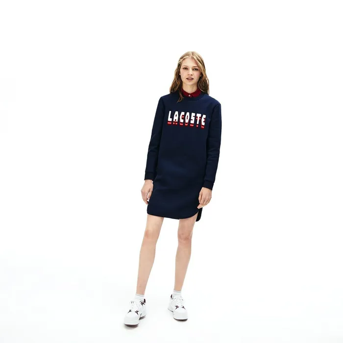 3DLettering Fleece Sweatshirt Dress Navy Blue Womens Lacoste Dresses and Skirts Online Outlet Store