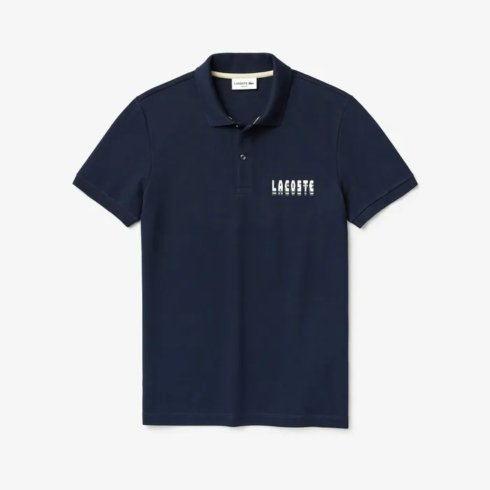 3DLettering Slim Fit Stretch Cotton Piqu Polo Navy Blue Mens Lacoste Polos On Sale