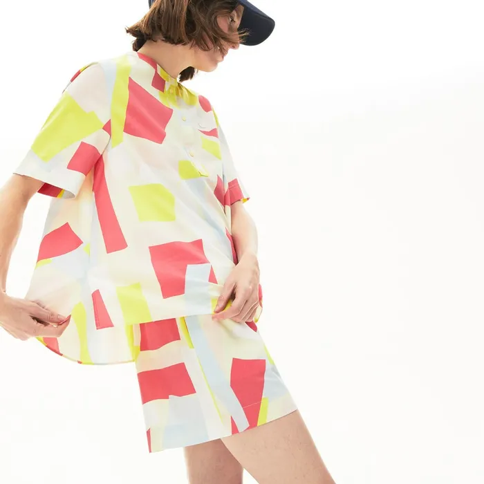 AbstractPrint Cotton Blend Blouse YellowWhite Womens Lacoste Shirts and Tops USA