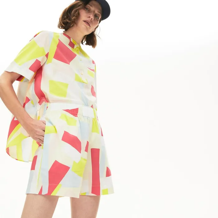 AbstractPrint Cotton Blend Blouse YellowWhite Womens Lacoste Shirts and Tops USA