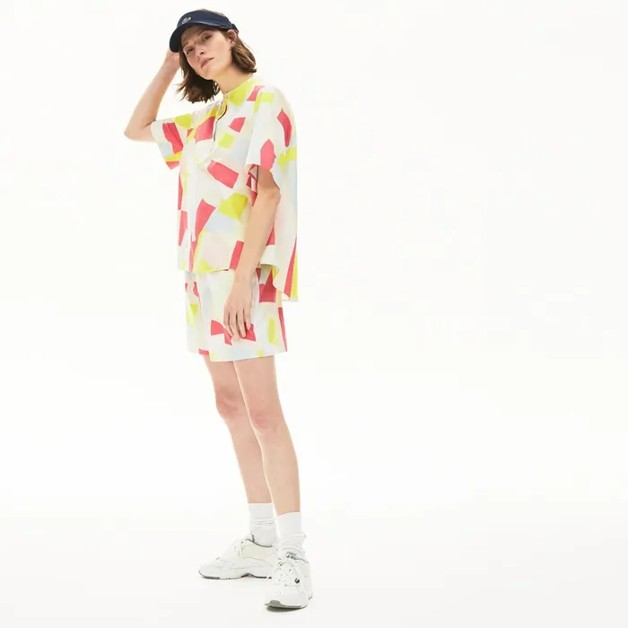 AbstractPrint Cotton Blend Blouse YellowWhite Womens Lacoste Shirts and Tops USA