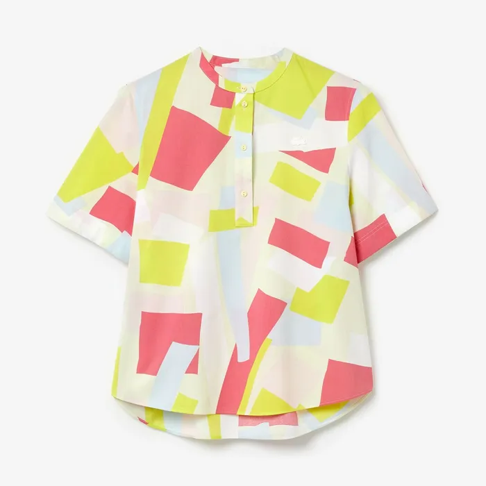 AbstractPrint Cotton Blend Blouse YellowWhite Womens Lacoste Shirts and Tops USA
