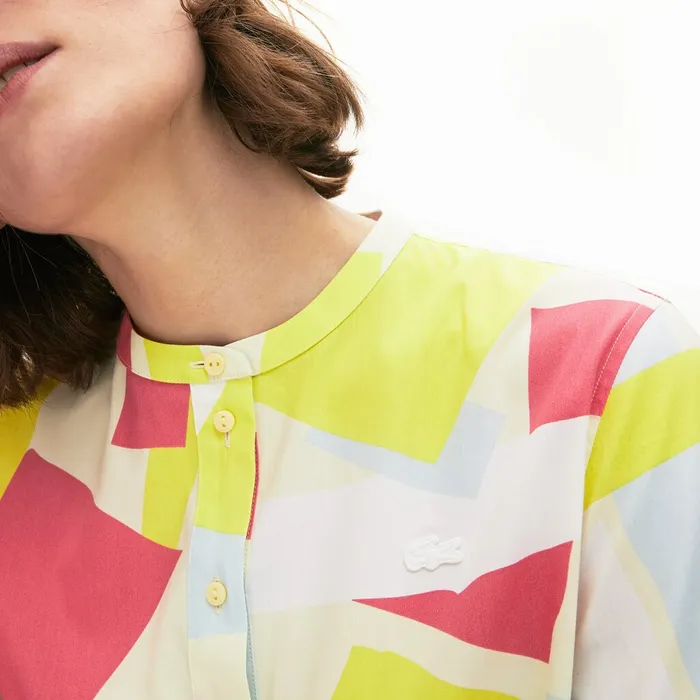 AbstractPrint Cotton Blend Blouse YellowWhite Womens Lacoste Shirts and Tops USA