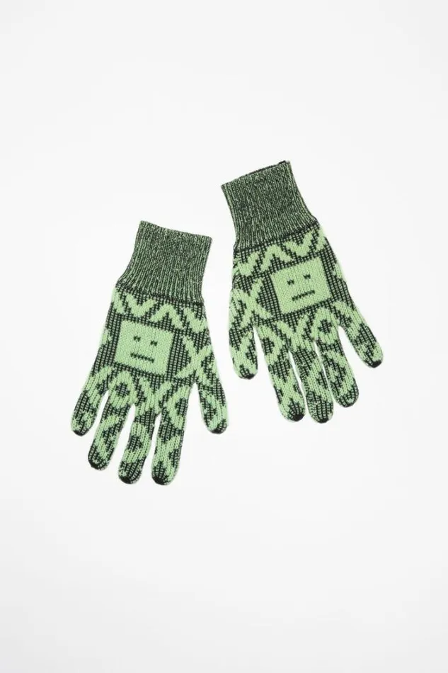 Acne Studios Face Collection Woman Face Logo Jacquard Gloves BlackSpring Green Acne Studios Face Collection Woman Face Logo Jacquard Gloves BlackSpring Green