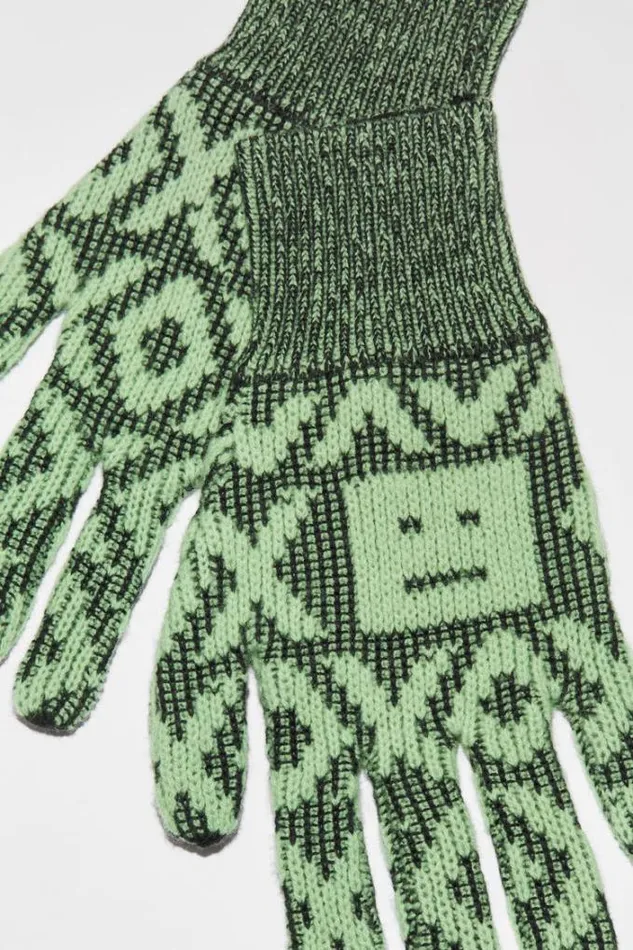 Acne Studios Face Collection Woman Face Logo Jacquard Gloves BlackSpring Green