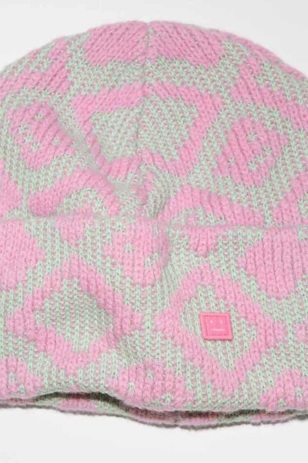 Acne Studios Face Collection Woman Face Tiles Beanie Bubble PinkSpring Green