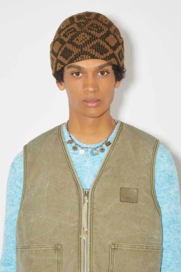 Acne Studios Face Collection Woman Face Tiles Beanie Toffee BrownBlack