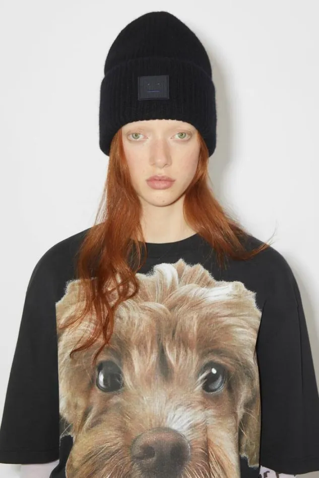 Acne Studios Face Collection Woman Large Face Logo Beanie Black