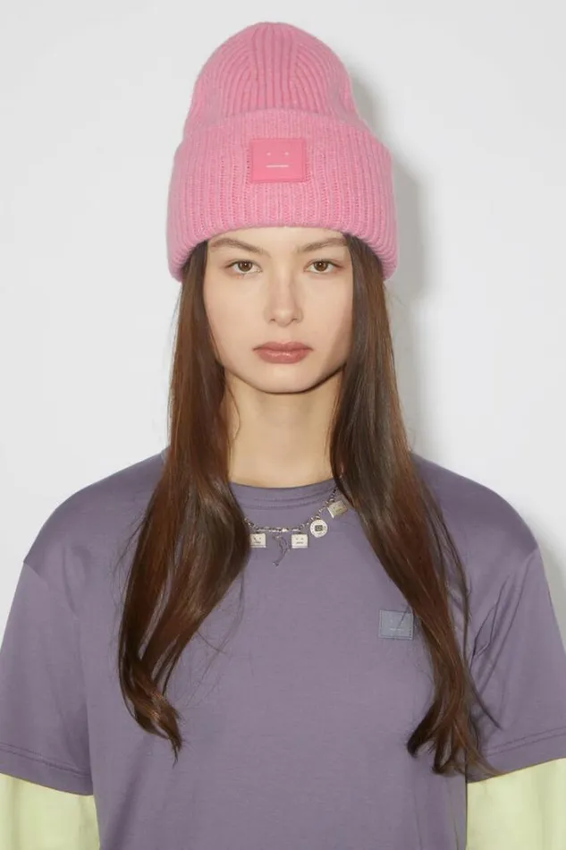 Acne Studios Face Collection Woman Large Face Logo Beanie Bubble Pink