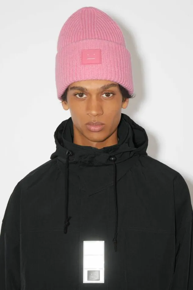 Acne Studios Face Collection Woman Large Face Logo Beanie Bubble Pink
