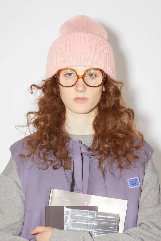 Acne Studios Face Collection Woman Large Face Logo Beanie Faded Pink Melange