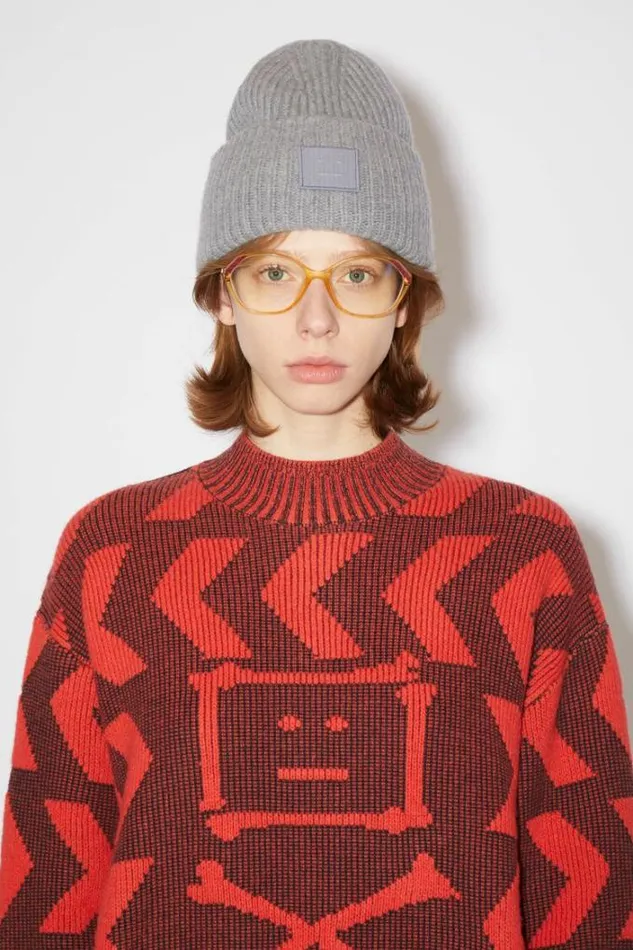 Acne Studios Face Collection Woman Large Face Logo Beanie Grey Melange