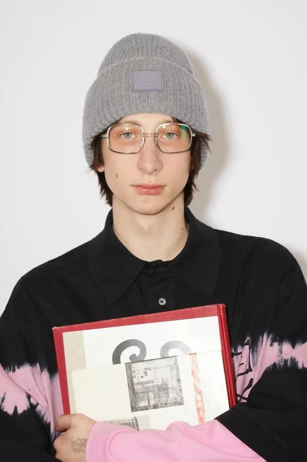 Acne Studios Face Collection Woman Large Face Logo Beanie Grey Melange