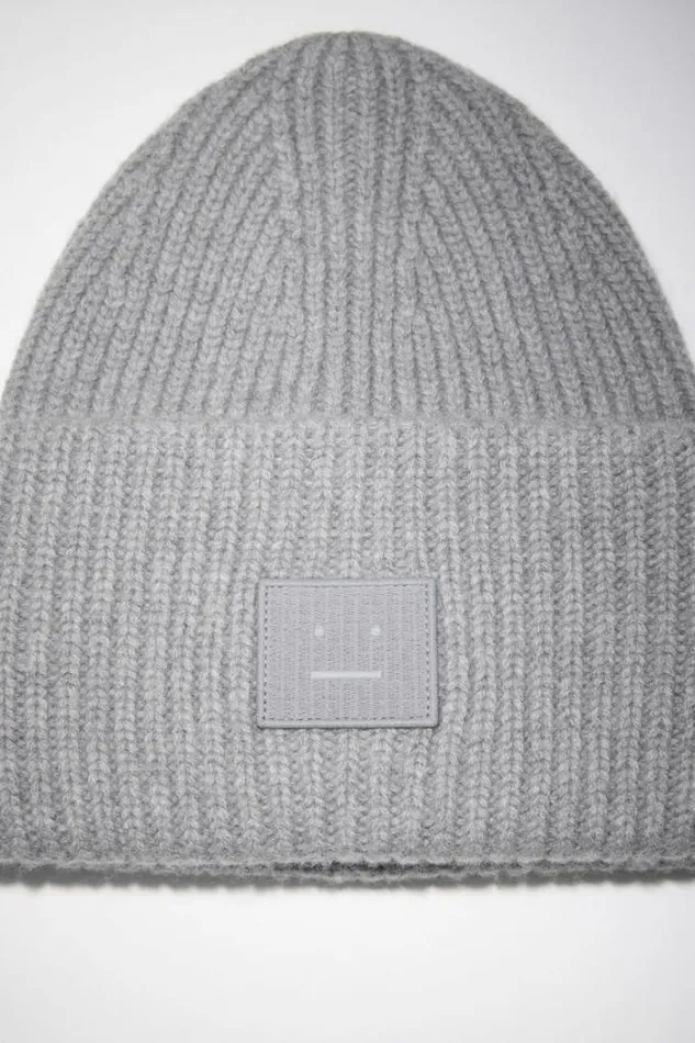 Acne Studios Face Collection Woman Large Face Logo Beanie Grey Melange