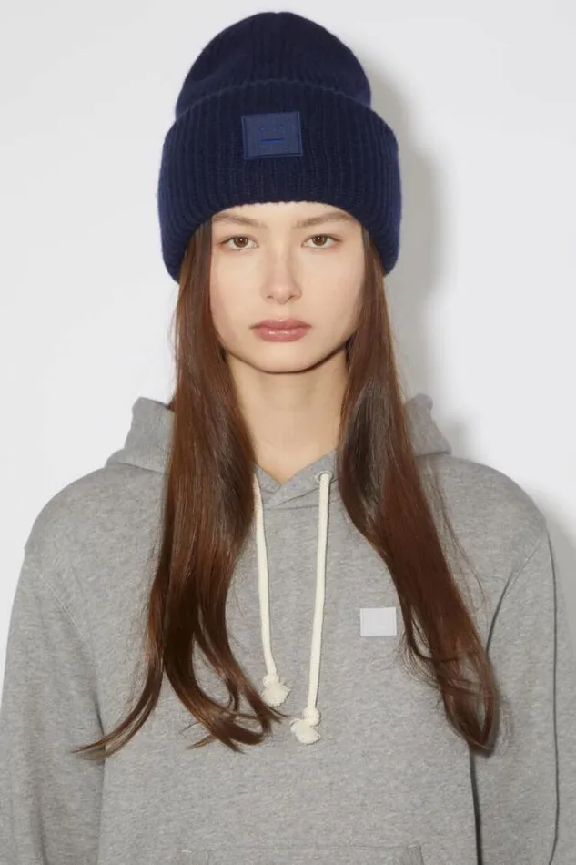 Acne Studios Face Collection Woman Large Face Logo Beanie Navy