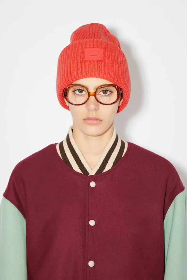 Acne Studios Face Collection Woman Large Face Logo Beanie Sharp Red