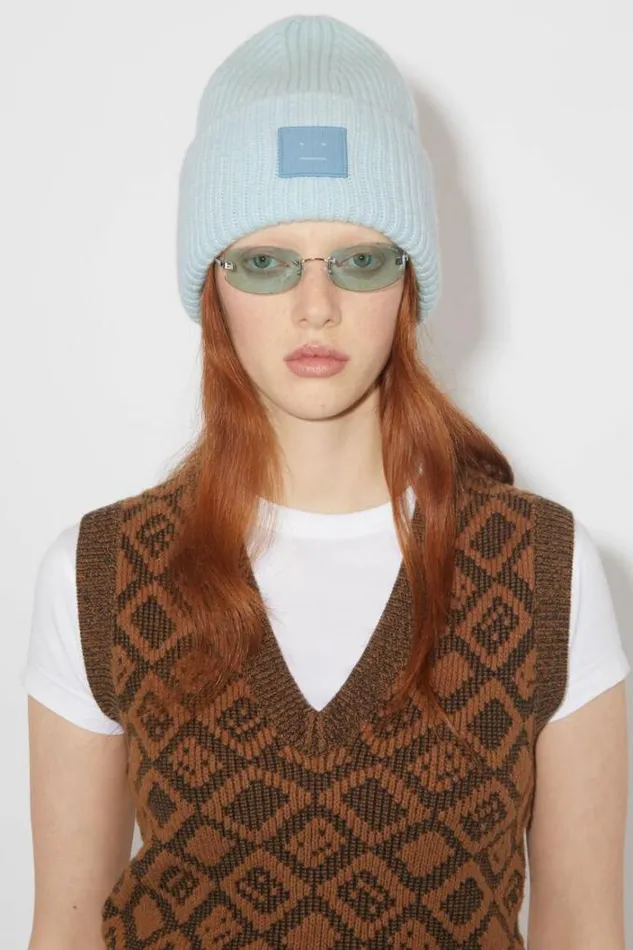 Acne Studios Face Collection Woman Large Face Logo Beanie Sky Blue Melange
