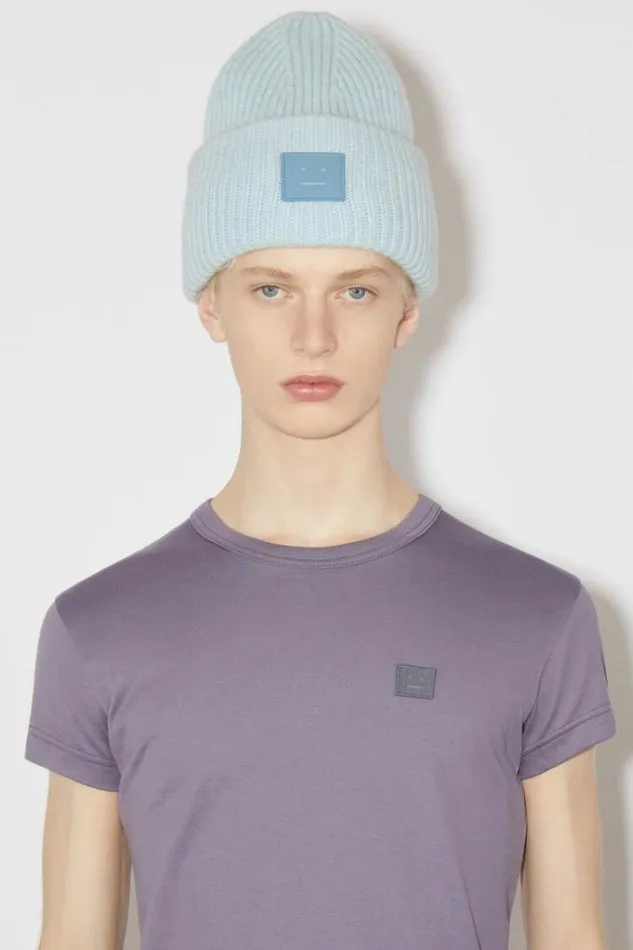 Acne Studios Face Collection Woman Large Face Logo Beanie Sky Blue Melange