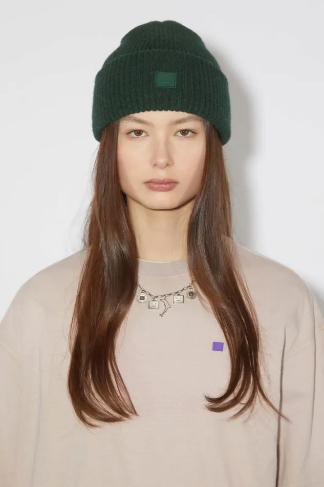 Acne Studios Face Collection Woman Small Face Logo Beanie Bottle Green