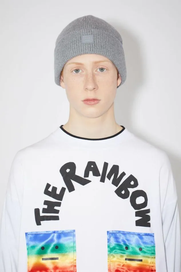 Acne Studios Face Collection Woman Small Face Logo Beanie Grey Melange