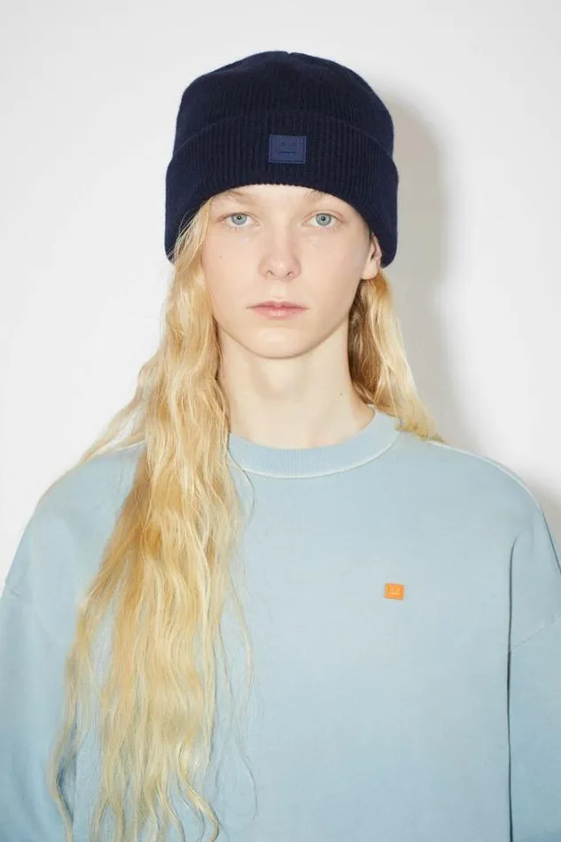 Acne Studios Face Collection Woman Small Face Logo Beanie Navy