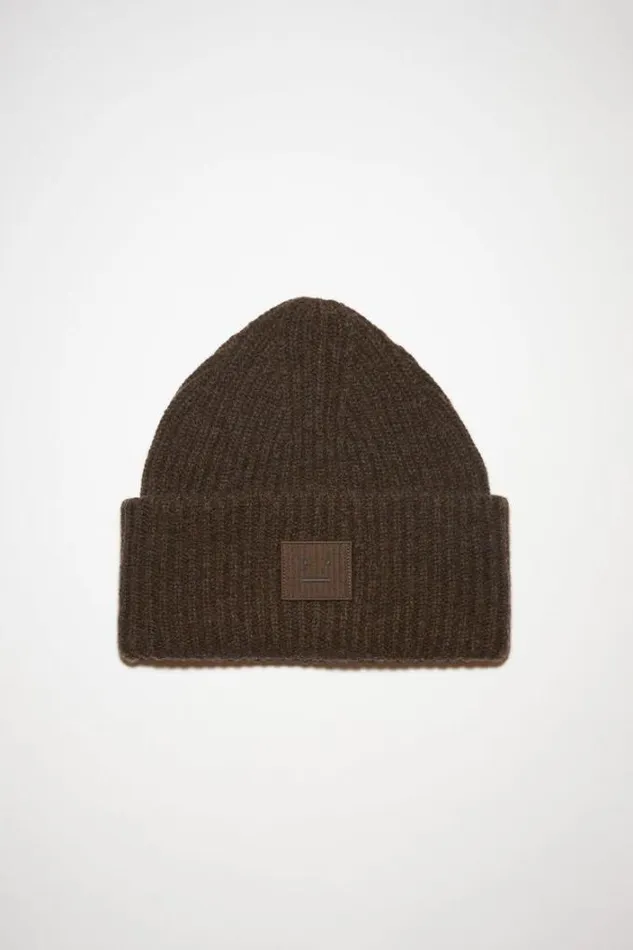 Acne Studios Hats Woman Large Face Logo Beanie GreyBrown Melange