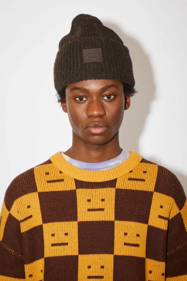 Acne Studios Hats Woman Large Face Logo Beanie GreyBrown Melange