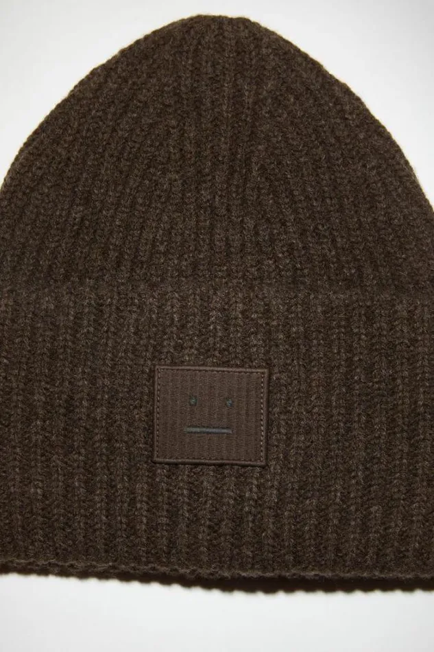 Acne Studios Hats Woman Large Face Logo Beanie GreyBrown Melange
