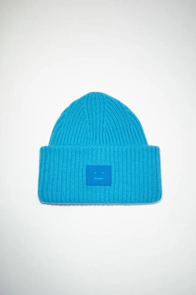 Acne Studios Hats Woman Large Face Logo Beanie Sapphire Blue