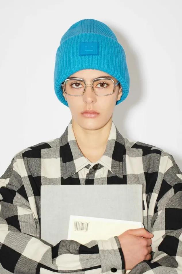 Acne Studios Hats Woman Large Face Logo Beanie Sapphire Blue