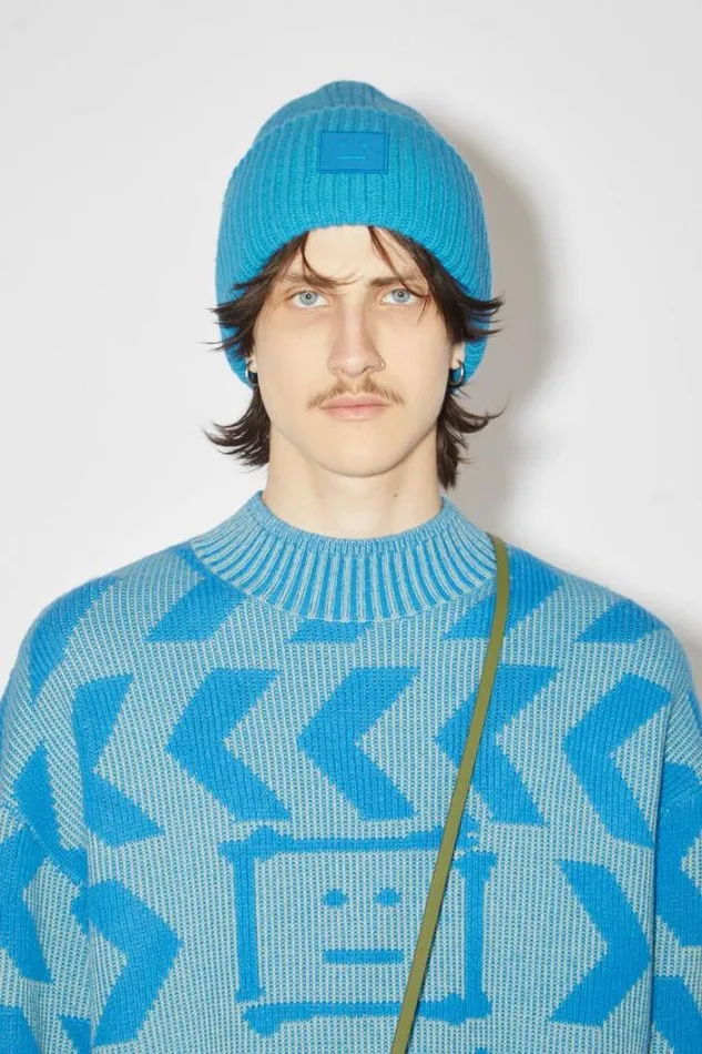 Acne Studios Hats Woman Large Face Logo Beanie Sapphire Blue
