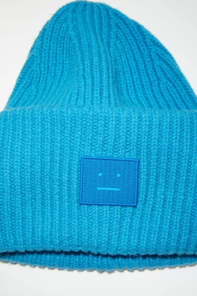 Acne Studios Hats Woman Large Face Logo Beanie Sapphire Blue