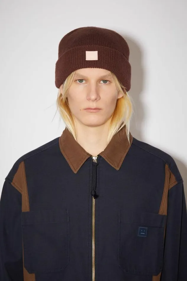 Acne Studios Hats Woman Small Face Logo Beanie Dark Brown