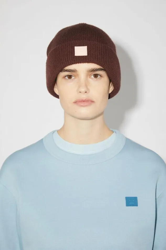 Acne Studios Hats Woman Small Face Logo Beanie Dark Brown