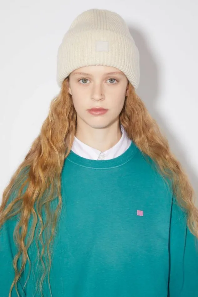 Acne Studios Hats Woman Small Face Logo Beanie Oatmeal Melange