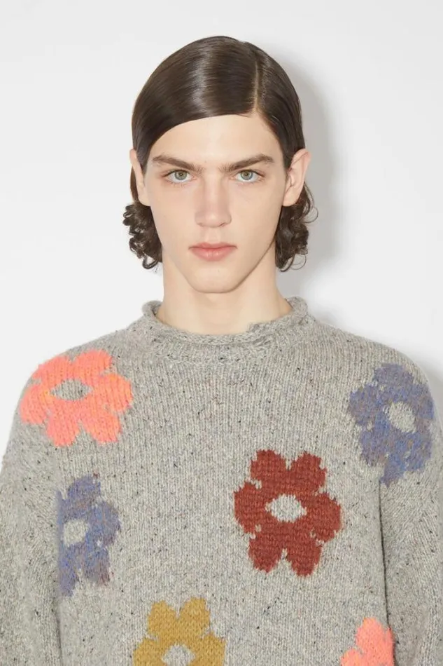 Acne Studios Knitwear Man Jacquard Wool Blend Jumper Grey Melange