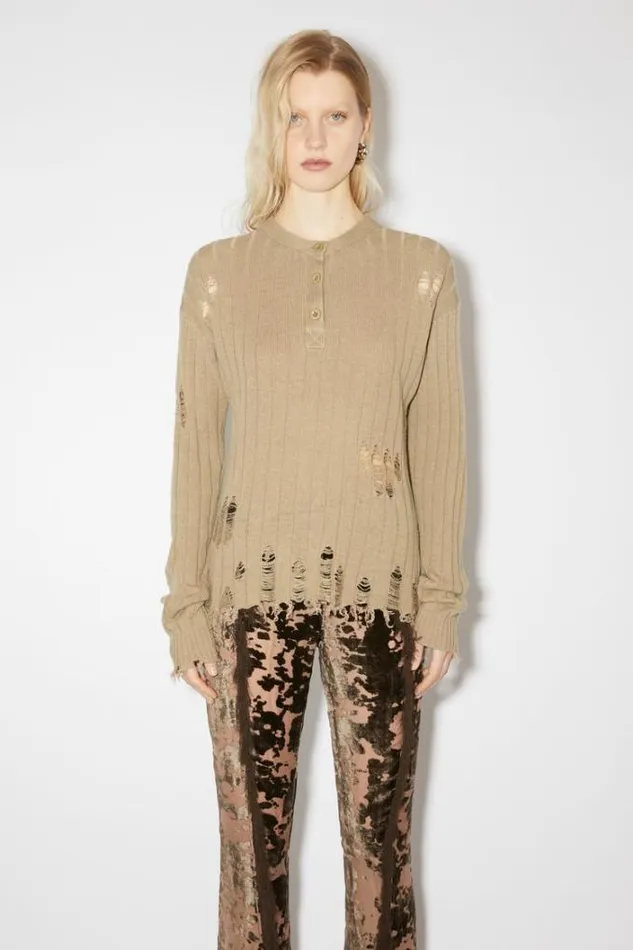Acne Studios Knitwear Woman Distressed Polo Shirt Camel Brown