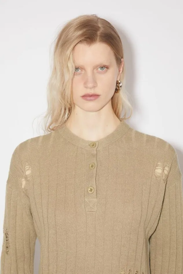 Acne Studios Knitwear Woman Distressed Polo Shirt Camel Brown