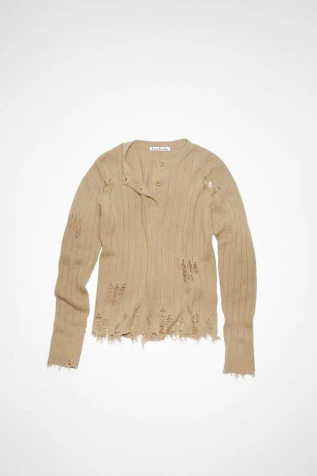 Acne Studios Knitwear Woman Distressed Polo Shirt Camel Brown