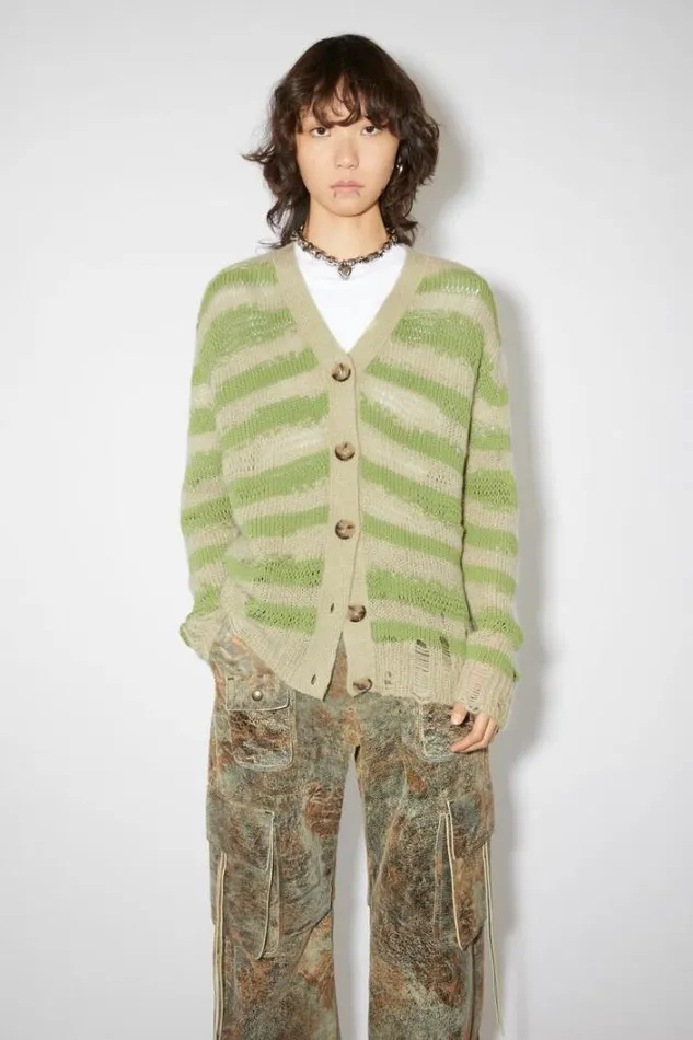 Acne Studios Knitwear Woman Distressed Stripe Cardigan Sage GreenApple Green