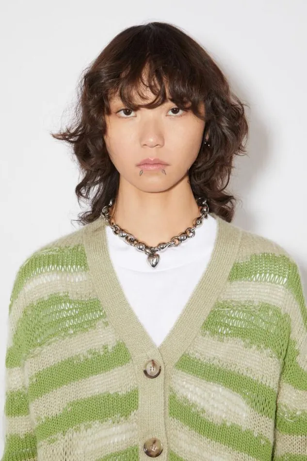 Acne Studios Knitwear Woman Distressed Stripe Cardigan Sage GreenApple Green