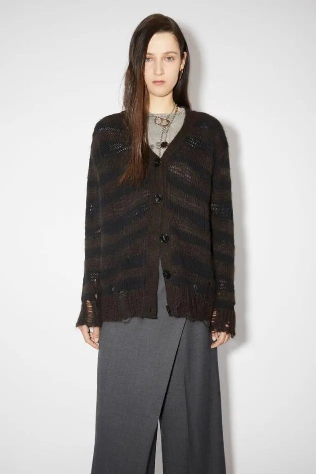 Acne Studios Knitwear Woman Distressed Stripe Cardigan Warm Charcoal GreyBlack