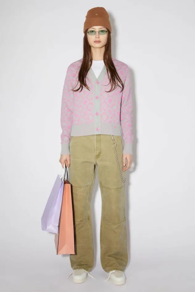 Acne Studios Knitwear Woman Face Tiles CardiganUnisex Bubble PinkSpring Green
