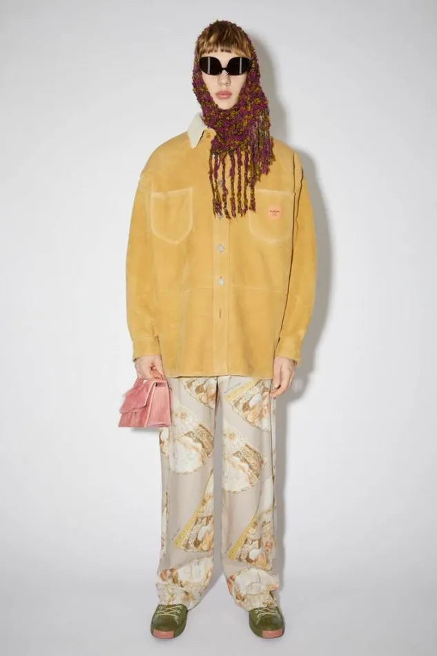 Acne Studios Outerwear Man Leather Suede Shearling Overshirt Straw Yellow