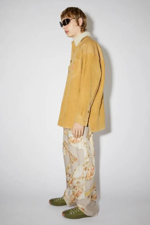 Acne Studios Outerwear Man Leather Suede Shearling Overshirt Straw Yellow