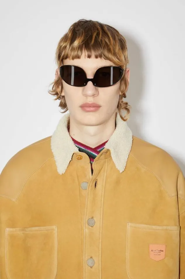 Acne Studios Outerwear Man Leather Suede Shearling Overshirt Straw Yellow