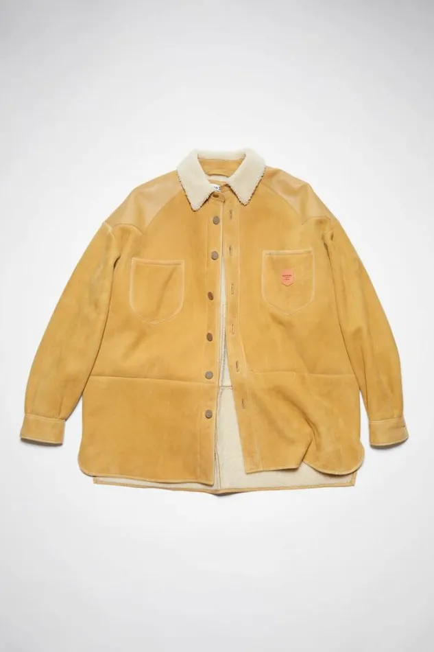 Acne Studios Outerwear Man Leather Suede Shearling Overshirt Straw Yellow