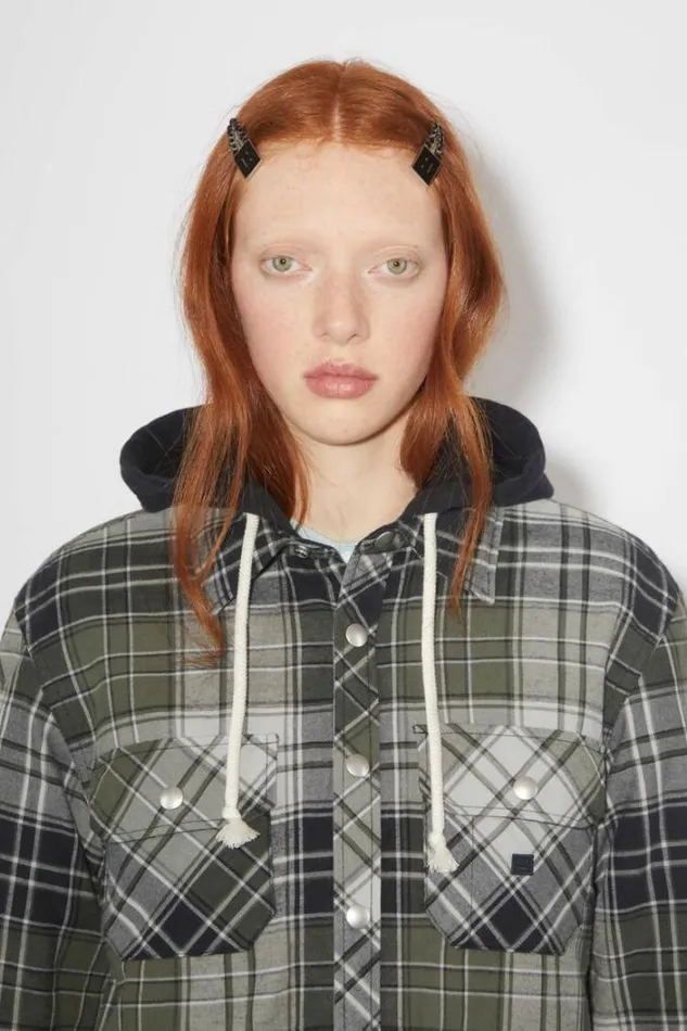 Acne Studios Outerwear Woman Check Hooded JacketUnisex GreyDark Green